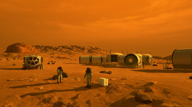 Artist's concept depicts astronauts and human habitats on Mars (NASA)
